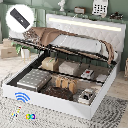 Lit Coffre 180x200cm Avec Tête De Lit Réglable En Hauteur, LED Et USB Lin Blanc