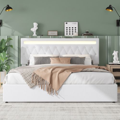 Lit Coffre 180x200cm Avec Tête De Lit Réglable En Hauteur, LED Et USB Lin Blanc