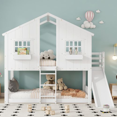 Lit Mezzanine Cabane 90x200cm Avec Toboggan Et Échelle Blanc