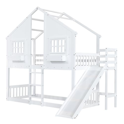 Lit Mezzanine Cabane 90x200cm Avec Toboggan Et Échelle Blanc