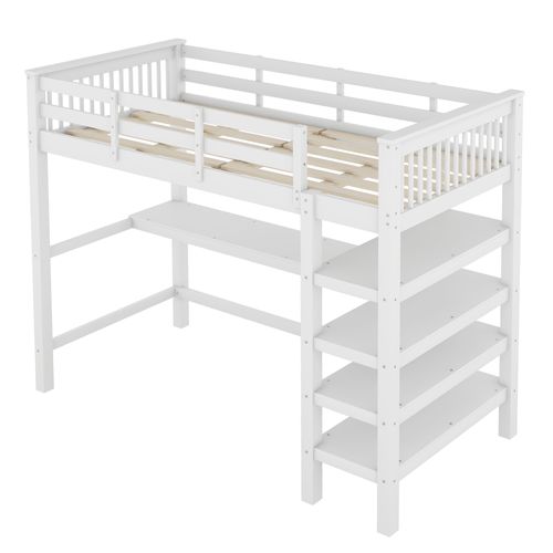 Lit Mezzanine 90x200cm Avec Avec Étagères De Rangement à 4 Niveaux Et Bureau Blanc