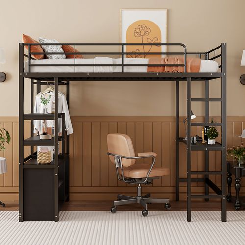 Lit Mezzanine 90x200cm Avec Bureau, Étagère Multicouche Et USB En Métal Noir