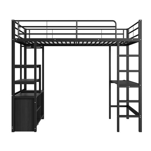 Lit Mezzanine 90x200cm Avec Bureau, Étagère Multicouche Et USB En Métal Noir