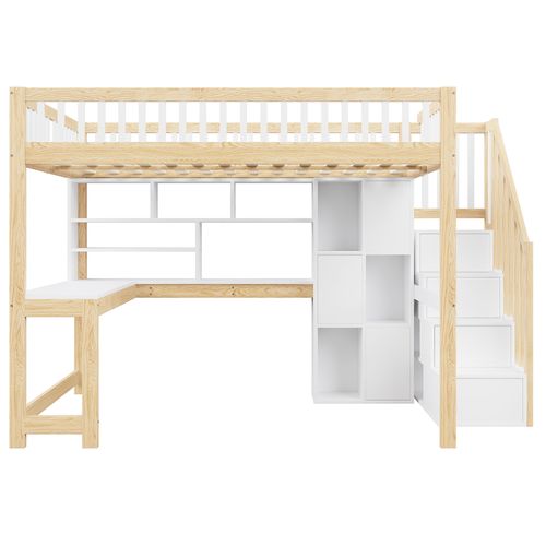 Lit Mezzanine 140x200cm Avec Bureau, LED, Étagères Et Escaliers De Rangement Blanc