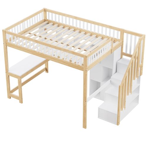 Lit Mezzanine 140x200cm Avec Bureau, LED, Étagères Et Escaliers De Rangement Blanc
