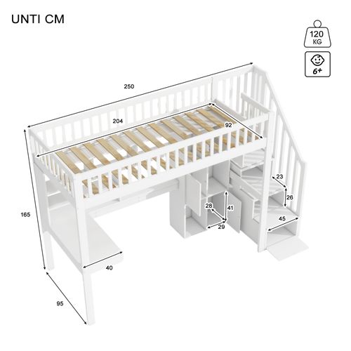 Lit Mezzanine 90x200cm Avec Bureau, LED, Étagères Et Escaliers De Rangement Blanc