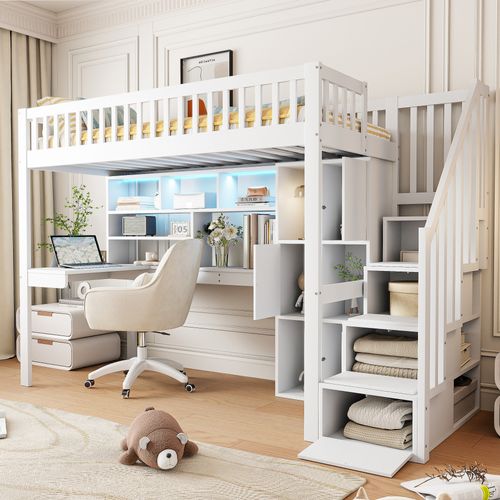 Lit Mezzanine 90x200cm Avec Bureau, LED, Étagères Et Escaliers De Rangement Blanc