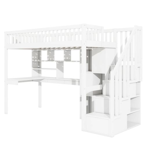 Lit Mezzanine 90x200cm Avec Bureau, LED, Étagères Et Escaliers De Rangement Blanc