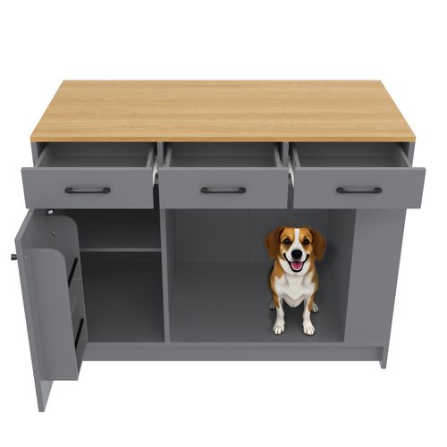 Ilot Central Cuisine Comptoir Avec 3 Tiroirs, 1 Porte Et Bureau Pliable Gris