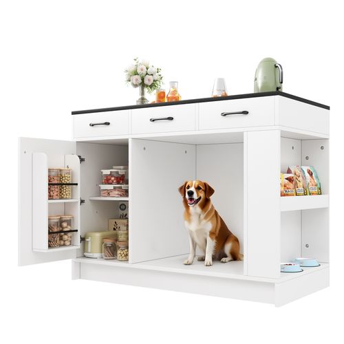 Ilot Central Cuisine Comptoir Avec 3 Tiroirs, 1 Porte Et Bureau Pliable Blanc