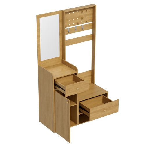 Vestiaire Avec 1 Porte, 2 Tiroirs, Miroir Et Crochets Réglables Imitation Chêne