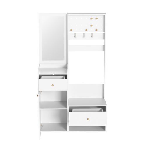 Vestiaire Avec 1 Porte, 2 Tiroirs, Miroir Et Crochets Réglables Blanc