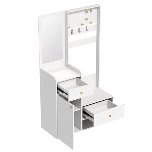 Vestiaire Avec 1 Porte, 2 Tiroirs, Miroir Et Crochets Réglables Blanc