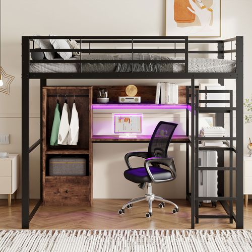 Lit Mezzanine 140x200cm Avec LED, Bureau, Étagère Et Portant En Métal Noir