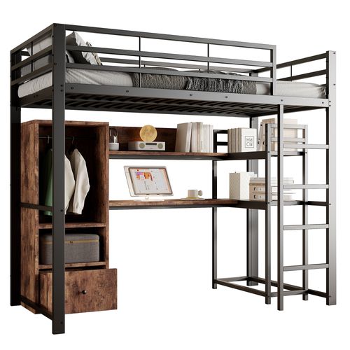 Lit Mezzanine 140x200cm Avec LED, Bureau, Étagère Et Portant En Métal Noir