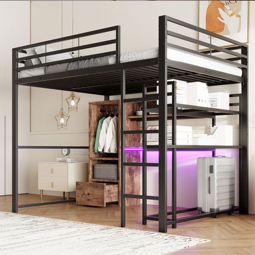 Lit Mezzanine 140x200cm Avec LED, Bureau, Étagère Et Portant En Métal Noir