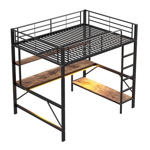 Lit Mezzanine 140x200cm Avec LED, Bureau Et Étagère En Métal Noir