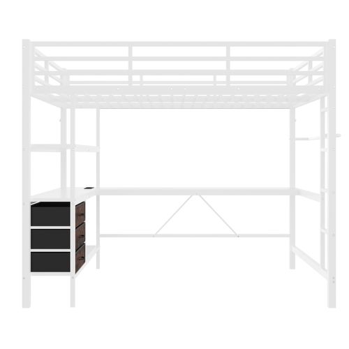 Lit Mezzanine 140x200cm Avec LED, USB, Bureau, Étagère, Portant Et 3 Tiroirs Blanc