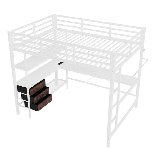 Lit Mezzanine 140x200cm Avec LED, USB, Bureau, Étagère, Portant Et 3 Tiroirs Blanc