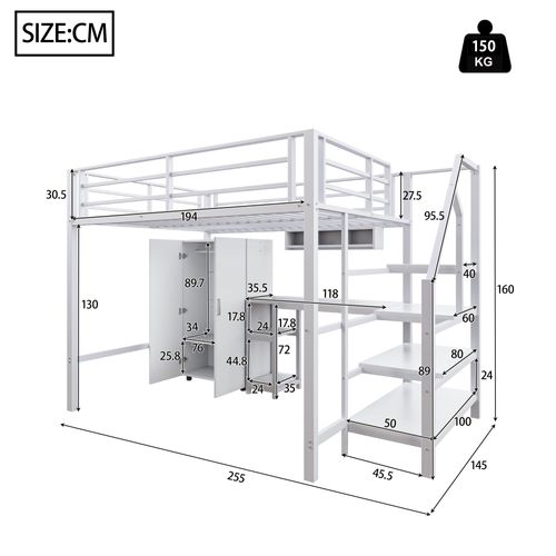 Lit Mezzanine 140x200cm Avec Bureau, Étagère Et Armoire En Métal Blanc
