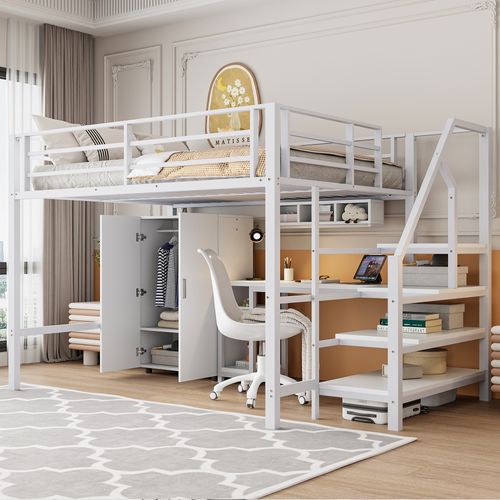 Lit Mezzanine 140x200cm Avec Bureau, Étagère Et Armoire En Métal Blanc