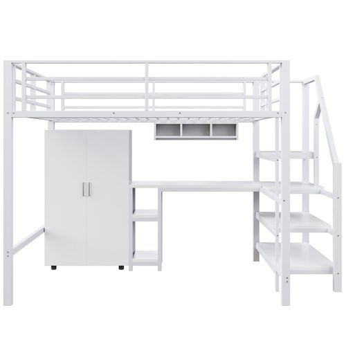 Lit Mezzanine 140x200cm Avec Bureau, Étagère Et Armoire En Métal Blanc