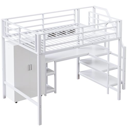 Lit Mezzanine 140x200cm Avec Bureau, Étagère Et Armoire En Métal Blanc