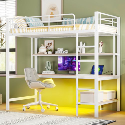 Lit Mezzanine 90x200cm Avec LED, Bureau Et Étagère En Métal Blanc