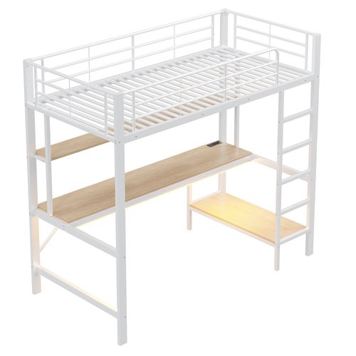 Lit Mezzanine 90x200cm Avec LED, Bureau Et Étagère En Métal Blanc