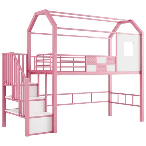 Lit Mezzanine Cabane 90x200cm Avec Étagères Et Escaliers En Métal Rose