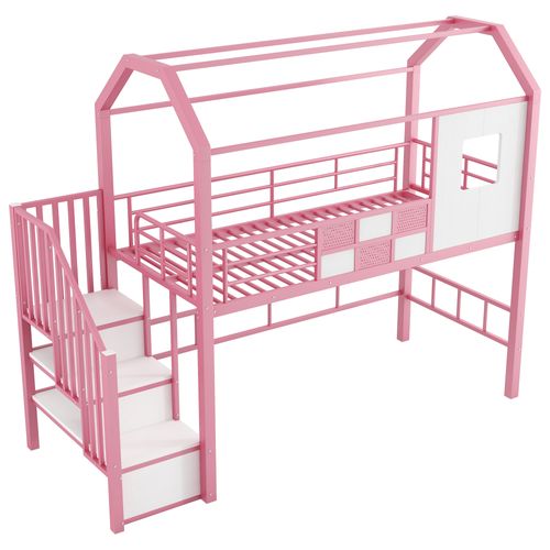 Lit Mezzanine Cabane 90x200cm Avec Étagères Et Escaliers En Métal Rose