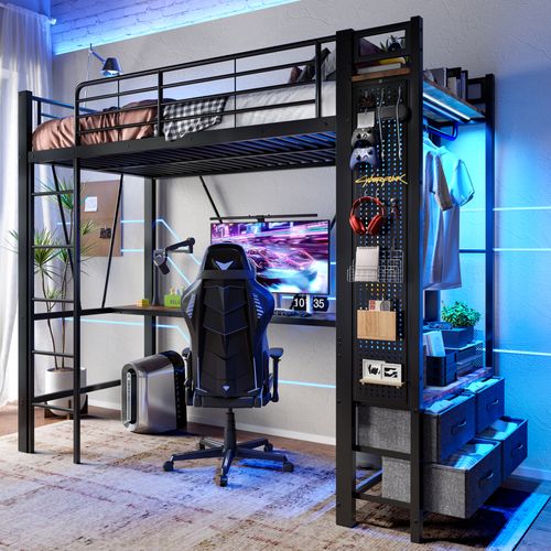 Lit Mezzanine 90x200cm Avec LED, USB, Bureau, Étagère Et Portant En Métal Noir