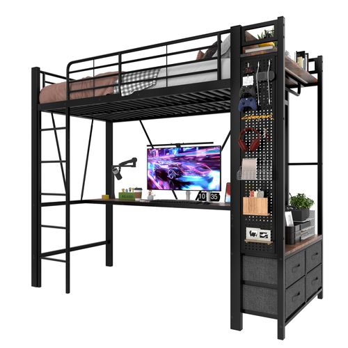 Lit Mezzanine 90x200cm Avec LED, USB, Bureau, Étagère Et Portant En Métal Noir