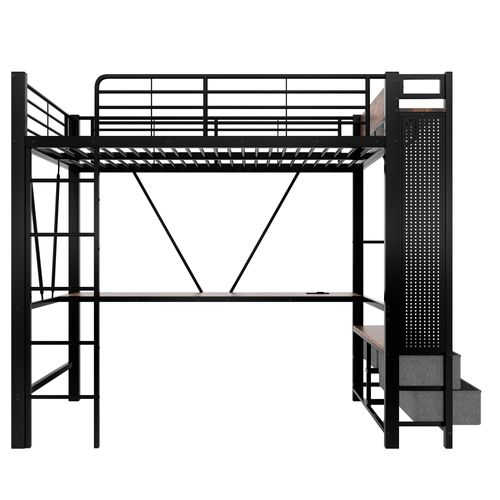 Lit Mezzanine 90x200cm Avec LED, USB, Bureau, Étagère Et Portant En Métal Noir
