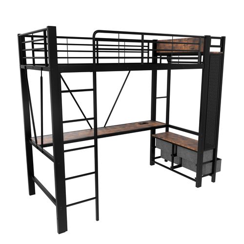 Lit Mezzanine 90x200cm Avec LED, USB, Bureau, Étagère Et Portant En Métal Noir