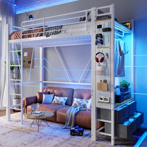 Lit Mezzanine 90x200cm Avec LED, USB, Étagère Et Portant En Métal Blanc