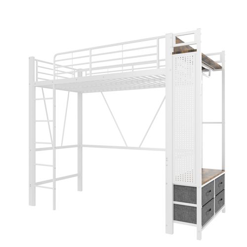 Lit Mezzanine 90x200cm Avec LED, USB, Étagère Et Portant En Métal Blanc