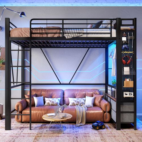 Lit Mezzanine 90x200cm Avec LED, USB, Étagère Et Portant En Métal Noir