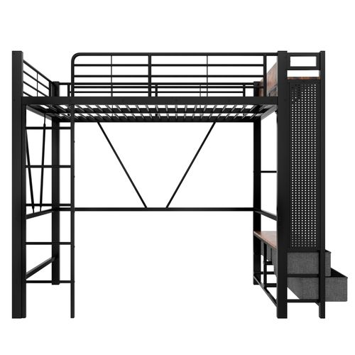 Lit Mezzanine 90x200cm Avec LED, USB, Étagère Et Portant En Métal Noir