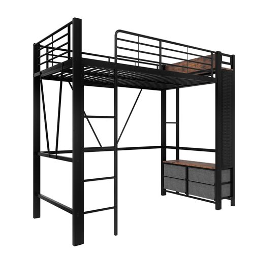 Lit Mezzanine 90x200cm Avec LED, USB, Étagère Et Portant En Métal Noir