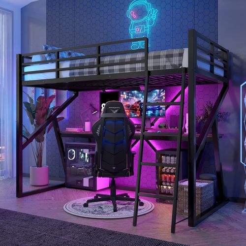 Lit Mezzanine 90x200cm Avec LED Et Bureau En Métal Noir