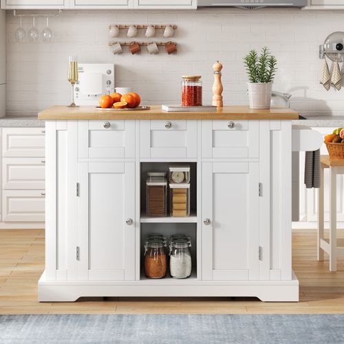 Ilot Central Cuisine Comptoir Avec 3 Tiroirs, 2 Portes Et Bureau Pliable Blanc