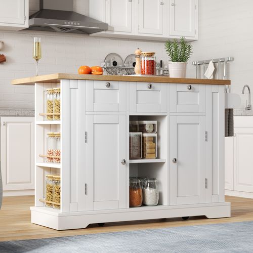 Ilot Central Cuisine Comptoir Avec 3 Tiroirs, 2 Portes Et Bureau Pliable Blanc