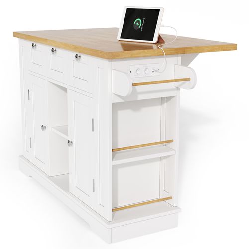 Ilot Central Cuisine Comptoir Avec 3 Tiroirs, 2 Portes Et Bureau Pliable Blanc