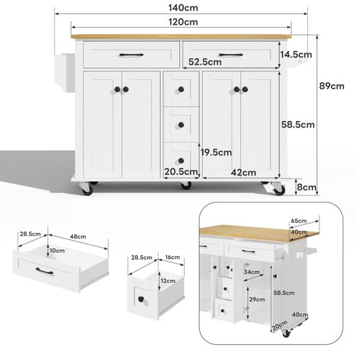 Ilot Central Cuisine Comptoir Avec 5 Tiroirs, 4 Portes Et Bureau Pliable Blanc