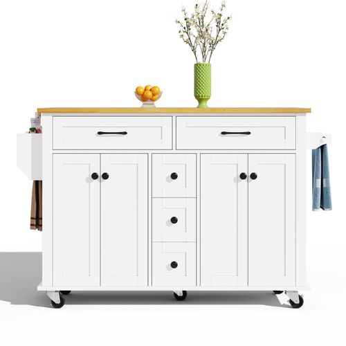 Ilot Central Cuisine Comptoir Avec 5 Tiroirs, 4 Portes Et Bureau Pliable Blanc