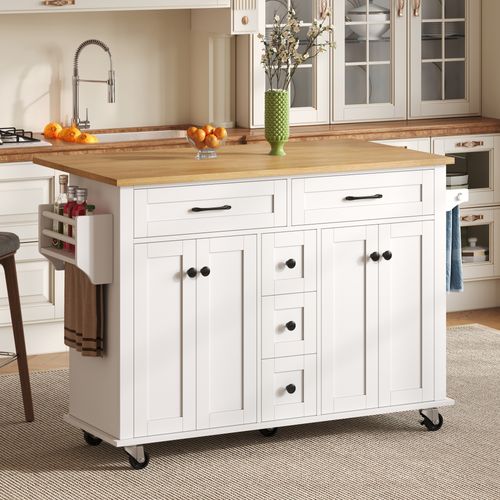 Ilot Central Cuisine Comptoir Avec 5 Tiroirs, 4 Portes Et Bureau Pliable Blanc