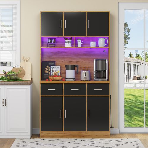 Buffet De Cuisine Avec LED, 3 Tiroirs Et 6 Portes Noir + Imitation Chêne