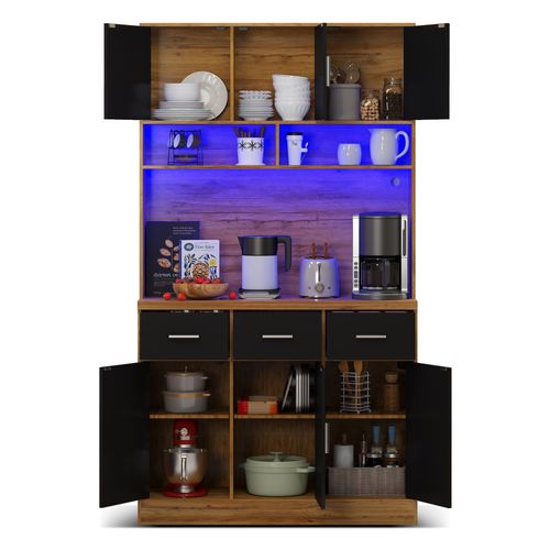 Buffet De Cuisine Avec LED, 3 Tiroirs Et 6 Portes Noir + Imitation Chêne