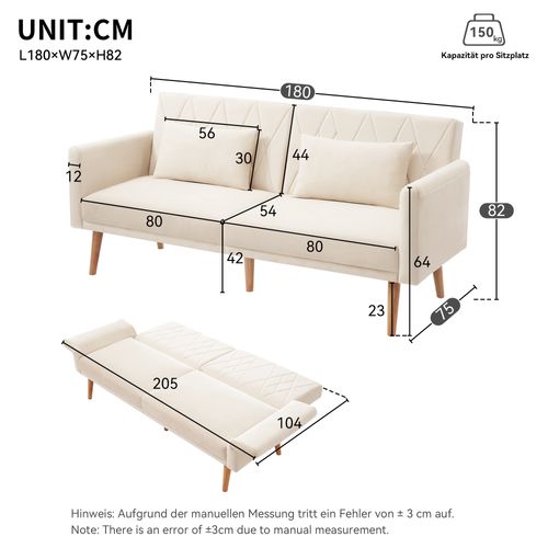 Canapé 2 Places Convertible Velours Beige